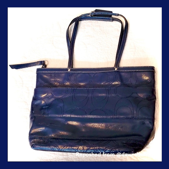 Coach Patent Marine Navy Blue Leather Logo Mini Tote Purse - Picture 6 of 16
